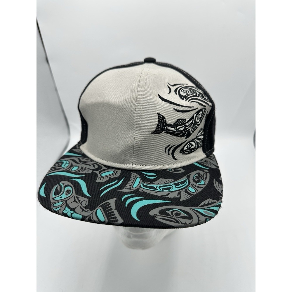 Native Northwest Salmon Snapback Hat Black Gray Teal Tribal Pattern One Size